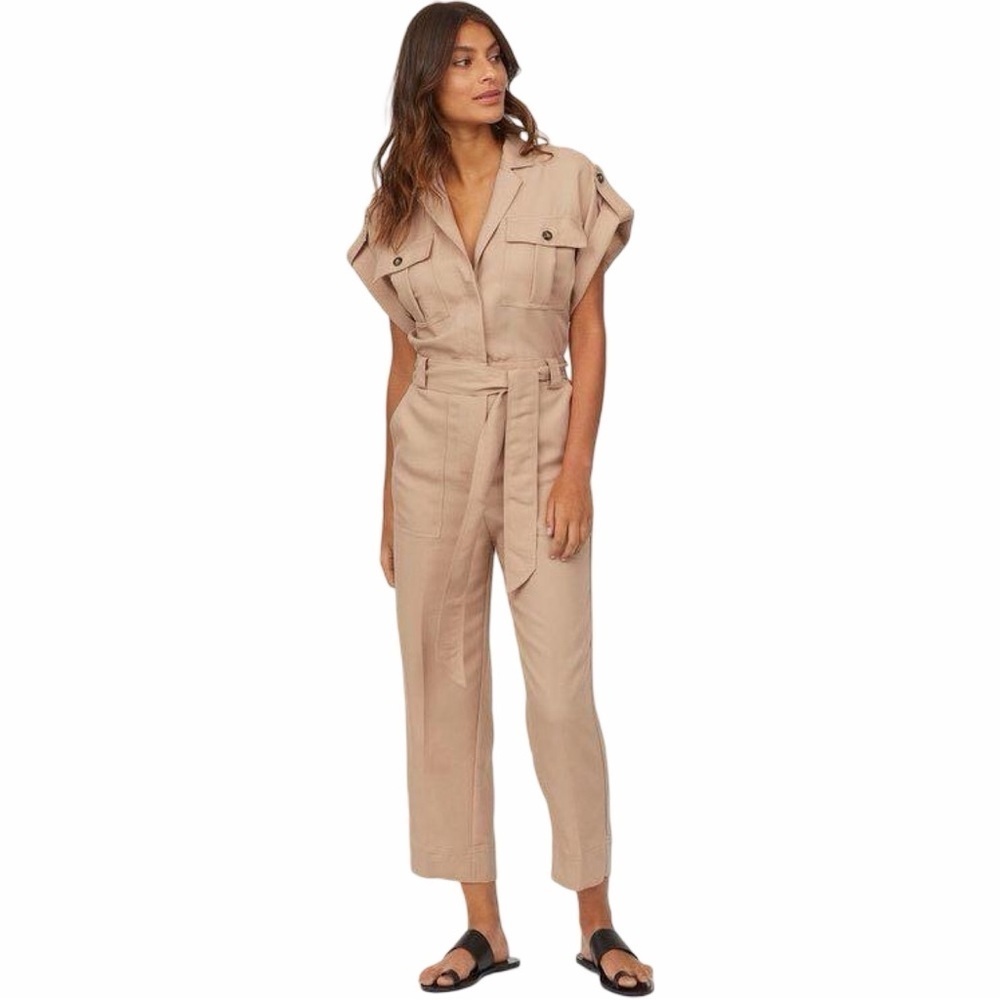 NWT H&M Short Sleeve Utility Tan Button Down Belted Long Jumpsuit Sz 6